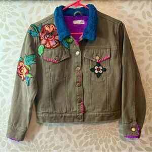 Natural Life Women’s XS Boho Tara Embellished Olive Denim Cropped Jacket Floral